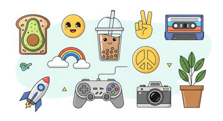 A collection of fun and colorful vector icons are arranged on a light blue background creating a cheerful and trendy designの素材