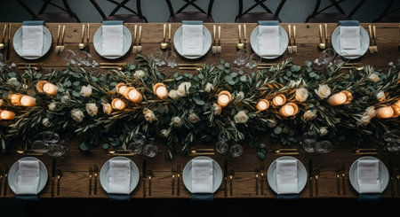 Overhead view of an elegantly decorated wedding table with floral garland candles and gold cutleryの素材