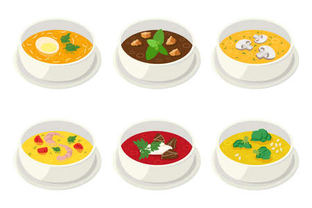 Various soups in bowls. Eggs, shrimps, broccoli, tomatoes, mint, mushrooms, meat, croutons, noodlesのイラスト素材