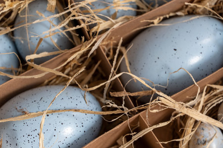 Easter background with Easter eggs in box with the hay, Easter card with copy space for text.