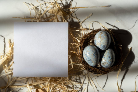 Easter card with copy space for text with three small Easter blue eggs in the nest