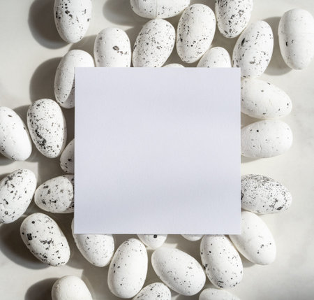 Easter white eggs with card to write text, space for textの写真素材