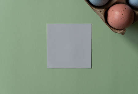 Easter eggs with white card, space for text, Easter green backgroundの写真素材