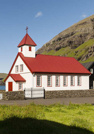 Small village church in Tjornuvik in the Faroe Islandsの写真素材