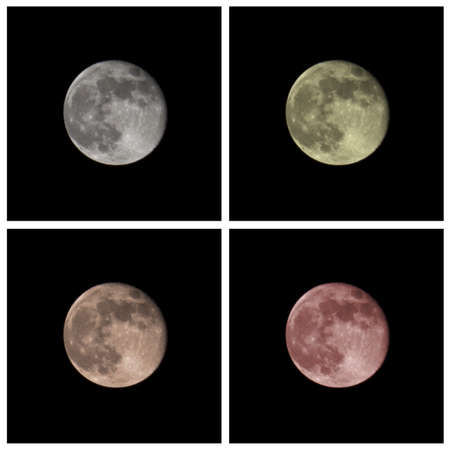 Collage of four moons in different colors including white, yellow, orange and red.の写真素材