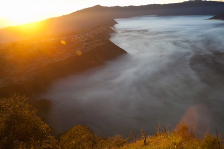Sunrise Mountains.Africa Nature Morning Volcano Viewpoint.Mountain Trekking, Valley View Landscape . Nobody photo. Horizontal picture. The first rays of the rising sunの写真素材