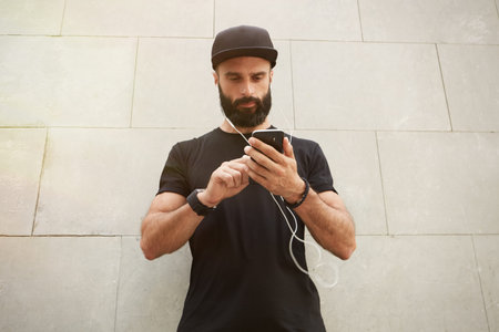 Bearded Muscular Man Wearing Black Tshirt Blank Snapback Cap Summer Time.Young Men Standing Opposite...