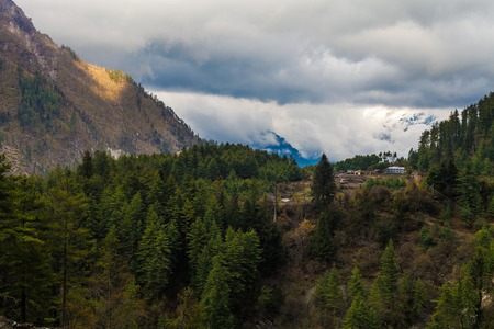 Landscapes Mountains Nature Morning Viewpoint.Mountain Trekking Landscape Background. Nobody photo. Horizontal picture. Sunlights White Clouds Blue Sky Himalayasの写真素材