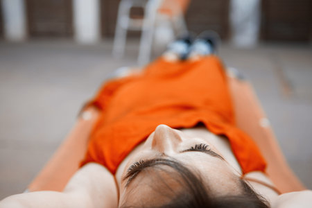 Fashion portrait of a beautiful smiling woman with long hair on the beach. Fashion photo. Top viewの写真素材