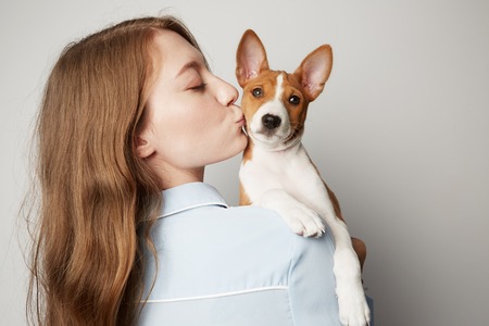 Handsome redhead hair young female hugging and kissing her puppy basenji dog. Love between dog and owner. Isolated on white background.の写真素材