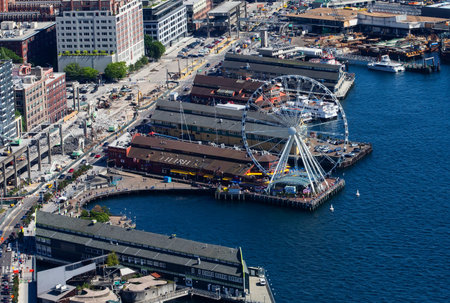 Seattle, Washington City Scape Helicopter Ferris wheel