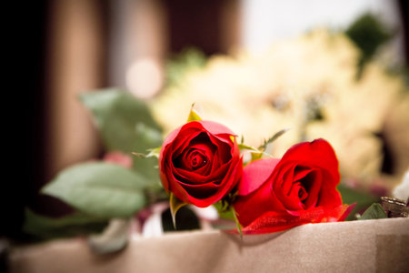two red roses on the table as decorationの写真素材