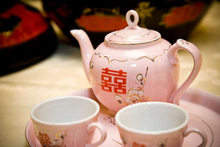 traditional chinese tea pot set with twin happiness character on itの写真素材
