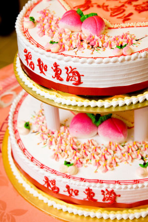 traditional chinese birthday cake with prosperous greetings character on itの写真素材