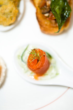 salmon finger food appertizer from top viewの写真素材