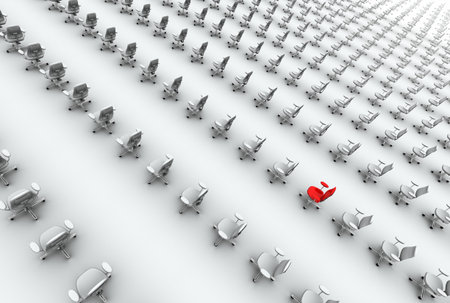High quality 3D render of hundreds of generic office chairs. The mystery chair is red. 