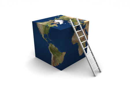3D render of Earth cubed with ladder. 