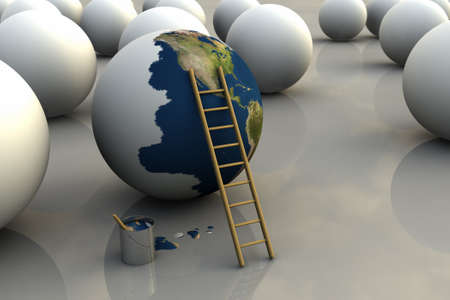 High resolution HDRI raytraced 3D render of globe with ladder, paint and several blank globes. Created using maps from USGS (http://www.usgs.gov) resources.の写真素材