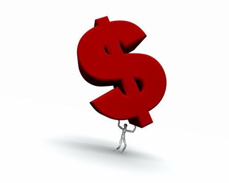 3D render of mannequin lifting red dollar symbol. の写真素材