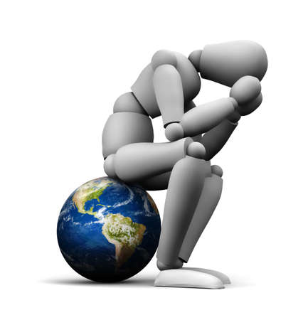 3D illustration of person sitting on Earth globe holding head in hands.の写真素材