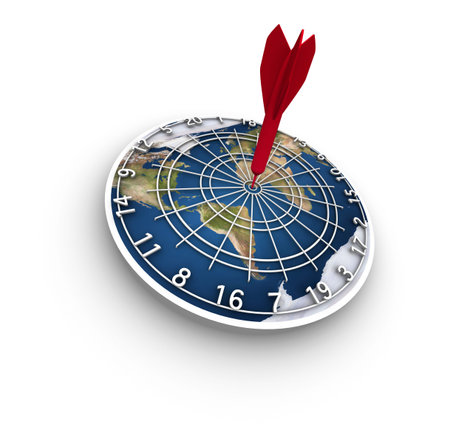 High resolution raytraced 3D render of Earth dart board on white background. One red dart in the bull's eye.の写真素材