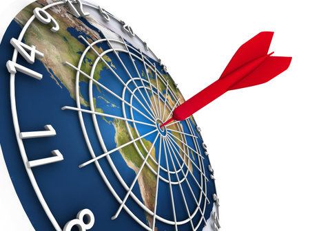High resolution raytraced 3D render of Earth dart board on white background. One red dart in the bull's eye.の写真素材