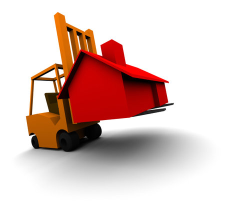 High Resolution 3D render of forklift moving house.