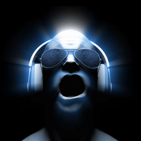 3D man with headphones (and sunglasses with static in the lenses) with glow and light streaks.
の写真素材