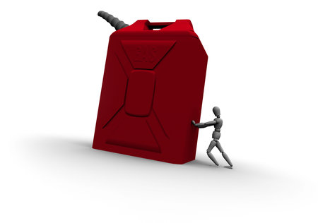 3D mannequin pushing large red gas can.の写真素材