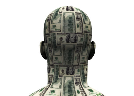 3D render of back of human head made of $100 bills.