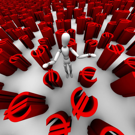 3D render of confused mannequin standing in a sea of red â¬ euro symbols.の写真素材