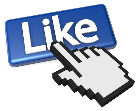 High resolution 3D illustration of a finger cursor clicking a like button symbol 