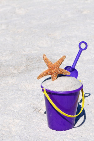 Beach Bucket with a Starfish and Shovelの写真素材