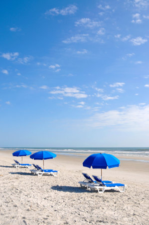 Row of Beach Chairs with Blue Umbrella on the Beachの写真素材