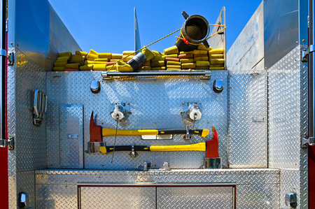 Close-up Image of the Rear of a Fire Truck with Fire Hose and Emergency Axes