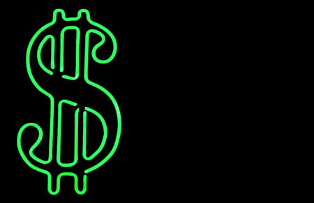 A Green Neon Dollar Sign Isolated on a Black Background with Copy Spaceの写真素材