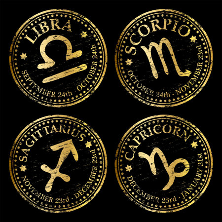 Libra, Scorpio, Sagittarius and Capricorn. Gold rubber stamp vectorsのイラスト素材