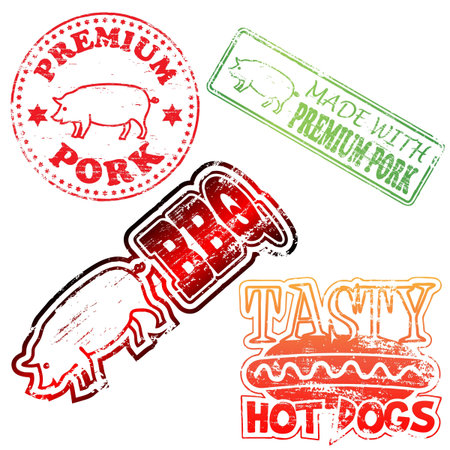 Made with premium pork, BBQ and hot dog rubber stamp illustrationsのイラスト素材