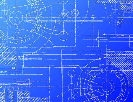 Grungy technical blueprint illustration on blue backgroundのイラスト素材