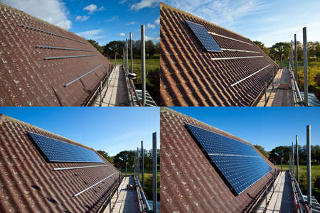 Series of photos showing solar panels being fitted.の写真素材