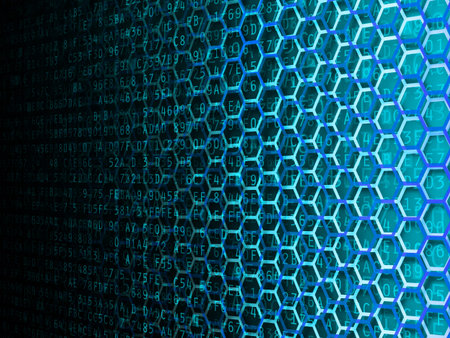 Hexagon and hexadecimal computer code fading background illustration