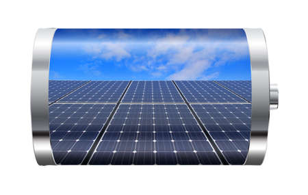 Battery containing solar panels against blue skyの写真素材