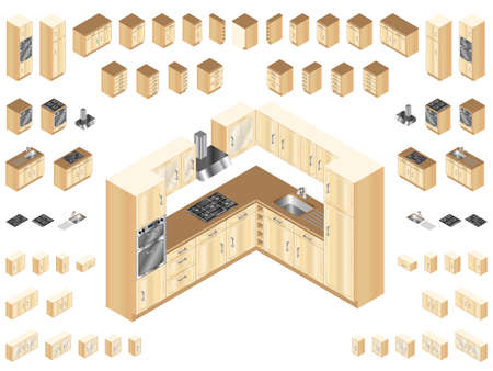 Wooden kitchen design elements. Large selection of isometric kitchen units for room layout and design.
のイラスト素材