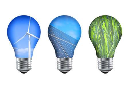 Renewable energy light bulbs. Solar panels, wind turbine and wheat field.
の写真素材