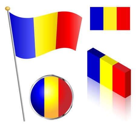 Romanian flag on a pole, badge and isometric designs vector illustration.のイラスト素材