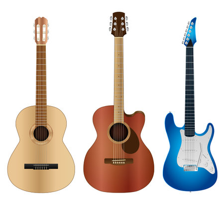 Highly detailed classical, acoustic and electric guitars vector illustration.のイラスト素材