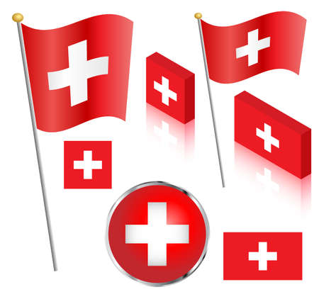 Swiss flag on a pole. Traditional square, and non-traditional rectangular badge and isometric designs vector illustration.のイラスト素材