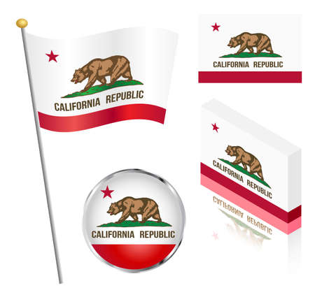 State of California flag on a pole, badge and isometric designs vector illustration.のイラスト素材