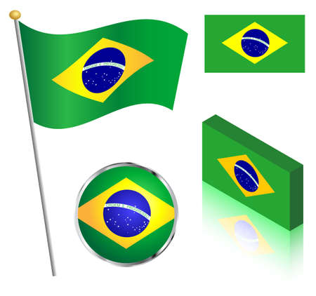 Brazilian, Brazil flag on a pole, badge and isometric designs vector illustration.のイラスト素材