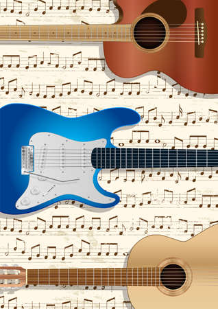 Classical, electric and acoustic guitars on grungy musical notes portrait orientated vector backgroundのイラスト素材